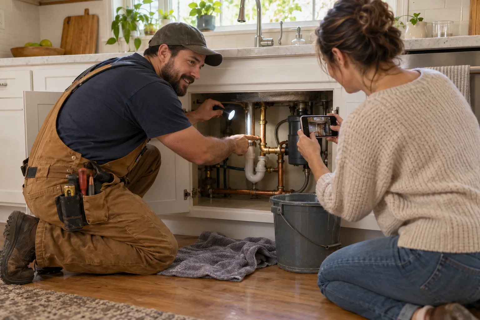 Independent plumber checking a burst pipe under a kitchen sink in a New Lenox home